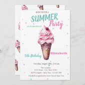 アイスクリームさくらんぼサマー誕生日 招待状 (正面/裏面)