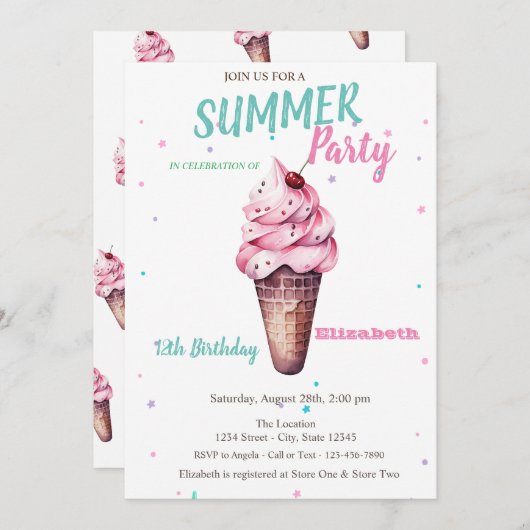 アイスクリームさくらんぼサマー誕生日 招待状 (正面/裏面)