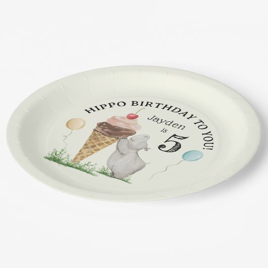 アイスクリームとカバの誕生日パーティー ペーパープレート (アングル)
