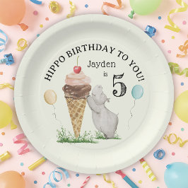 アイスクリームとカバの誕生日パーティー ペーパープレート