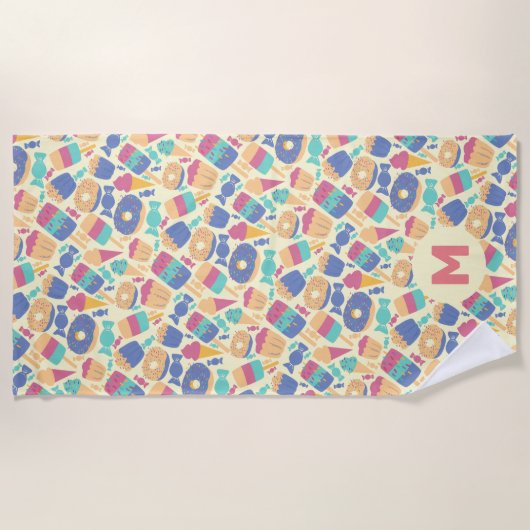 アイスクリームとキャンディーの夏模様モノグラム ビーチタオル (正面)