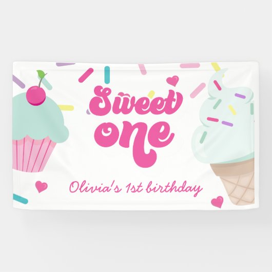 アイスクリームとケーキのスイートワン 1歳の誕生日 横断幕 (横)