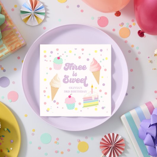 アイスクリームとケーキの3歳の誕生日 スタンダードカクテルナプキン
