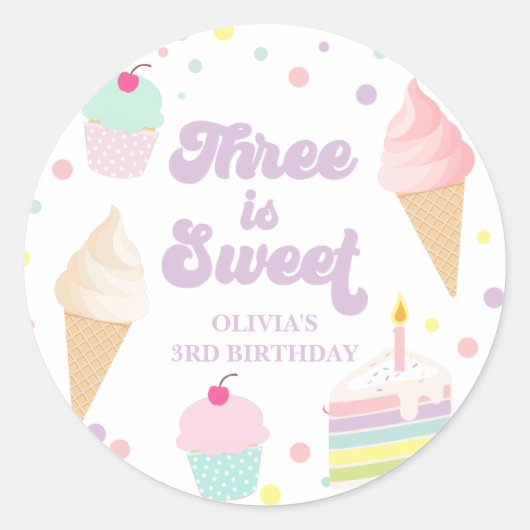 アイスクリームとケーキの3歳の誕生日 ラウンドシール (正面)