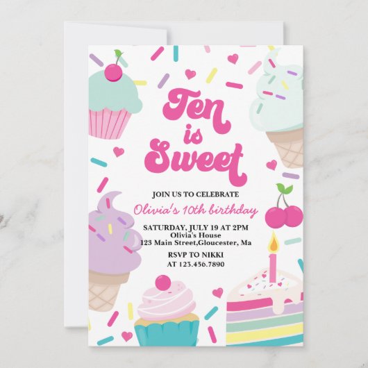 アイスクリームとケーキ10は甘い10誕生日 招待状 (正面)