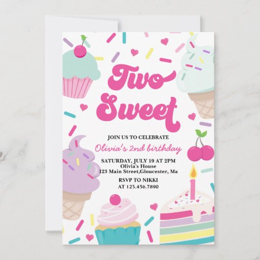 アイスクリームとケーキ2つの甘い2番目の誕生日 招待状 (正面)