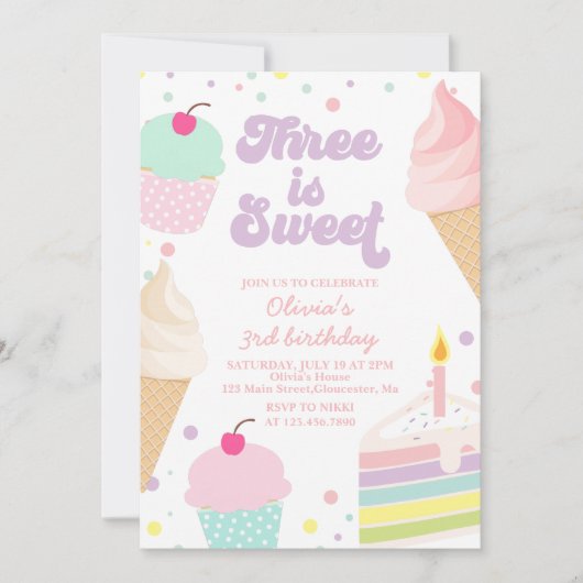 アイスクリームとケーキ3歳の誕生日 招待状 (正面)