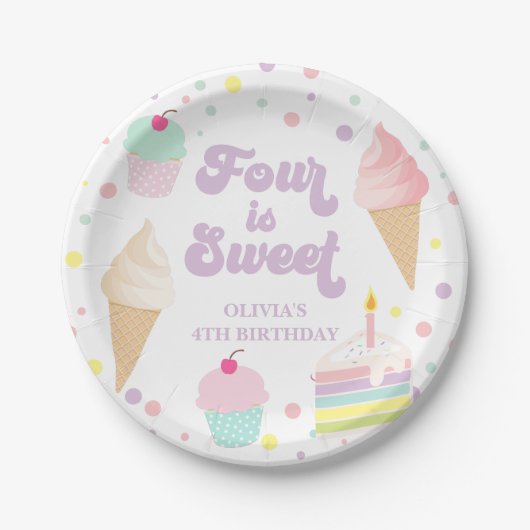アイスクリームとケーキ4は甘い4歳の誕生日 ペーパープレート (正面)