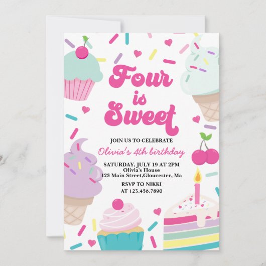 アイスクリームとケーキ4は甘い4歳の誕生日 招待状 (正面)