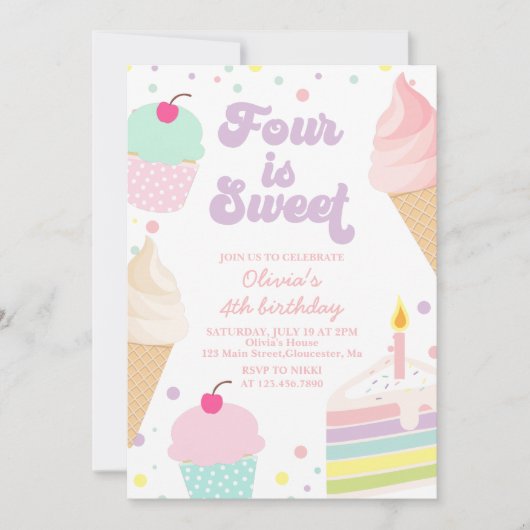 アイスクリームとケーキ4歳の誕生日 招待状 (正面)