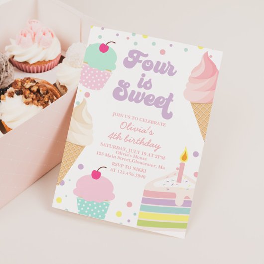 アイスクリームとケーキ4歳の誕生日 招待状