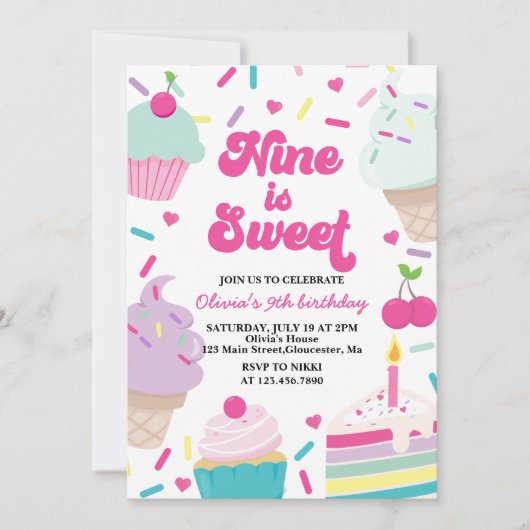 アイスクリームとケーキ9は甘い9誕生日 招待状 (正面)