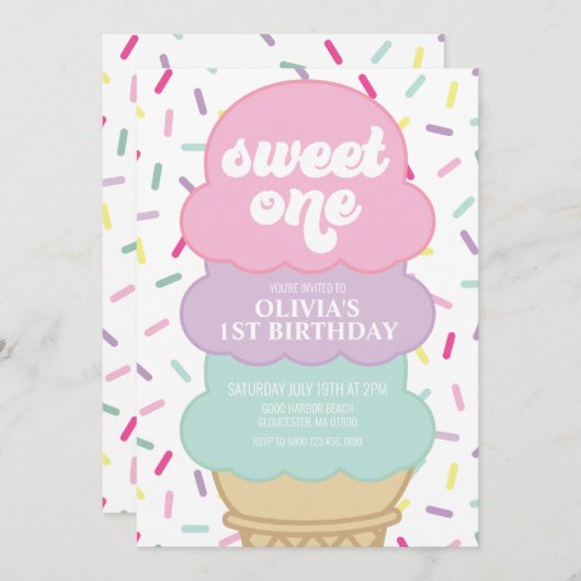 アイスクリームと振りかけるスウィートワン誕生日Inv 招待状 (正面/裏面)