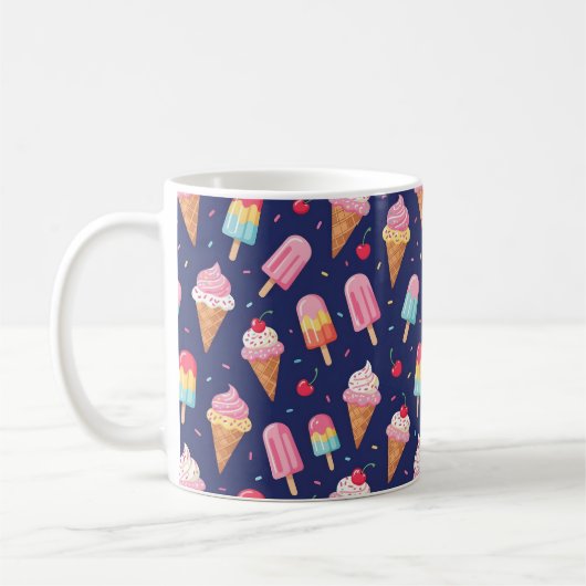 アイスクリームと棒アイスとチェリーのパターン コーヒーマグカップ (左)