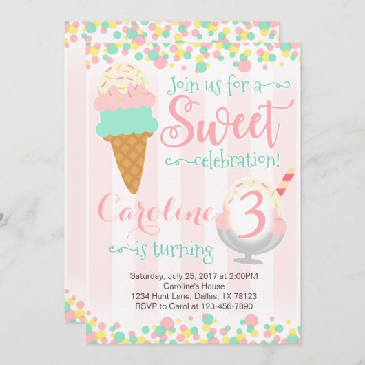 アイスクリームのアイスキャンデーの誕生日のパーティの招待状 招待状 (正面/裏面)