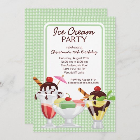アイスクリームのサンデーの誕生会 招待状 (正面/裏面)