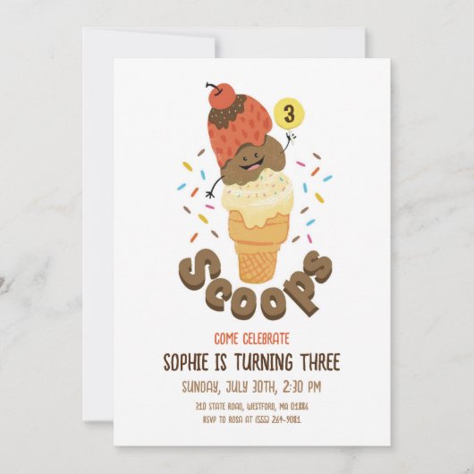 アイスクリームのスコップ 子供の3歳誕生日パーティー招待状 招待状 (正面)