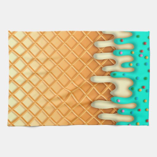 アイスクリームのドリップワッフルコーンミントと散水器 キッチンタオル (横)