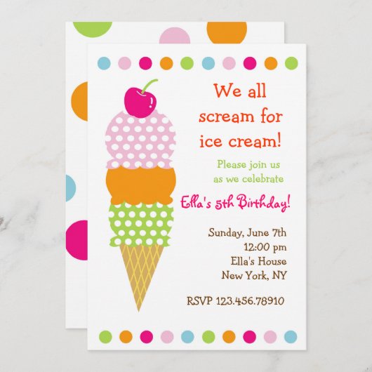 アイスクリームのバースデーパーティ招待状 招待状 (正面/裏面)