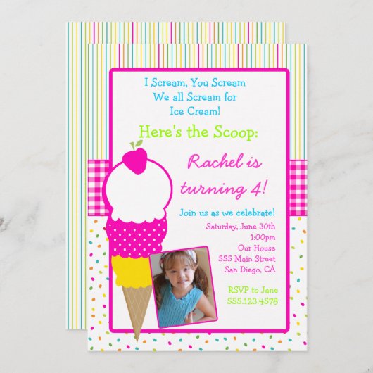 アイスクリームのパーティーの誕生日の招待状 招待状 (正面/裏面)