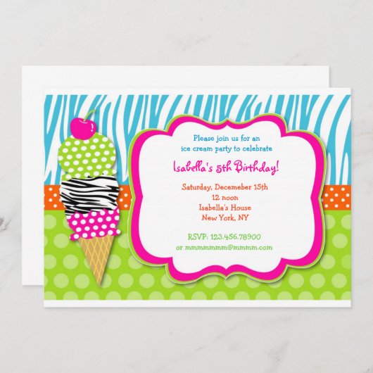 アイスクリームのパーティーの誕生日の招待状 招待状 (正面/裏面)