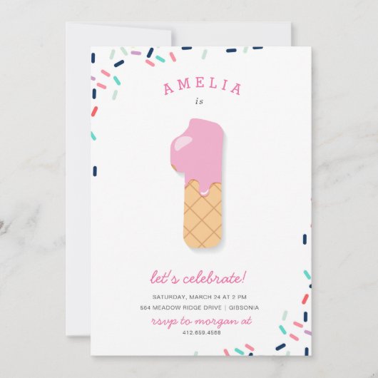 アイスクリームのパーティーはピンクの誕生日の招待状をからかいます 招待状 (正面)