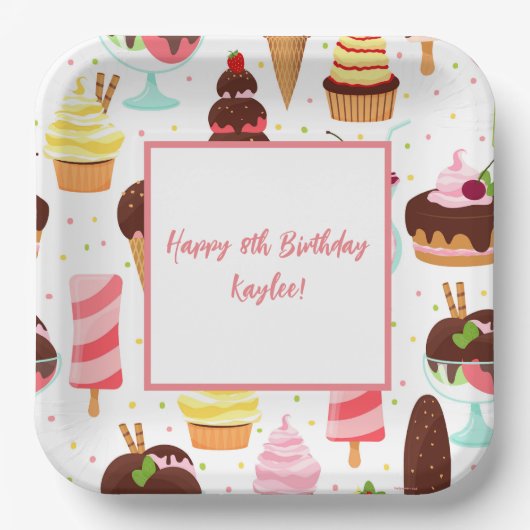 アイスクリームの女の子に悲鳴を上げるかわいい誕生日 ペーパープレート (正面)