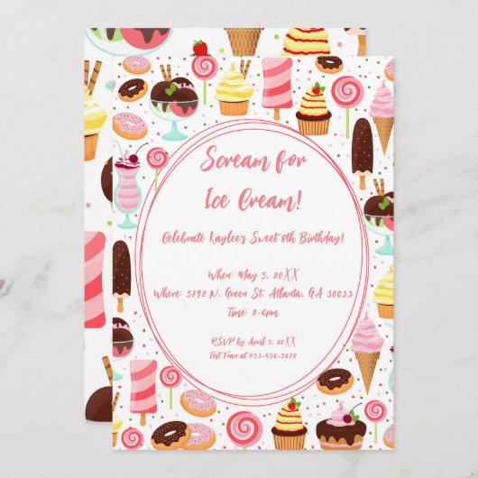アイスクリームの女の子に悲鳴を上げるかわいい誕生日 招待状 (正面/裏面)