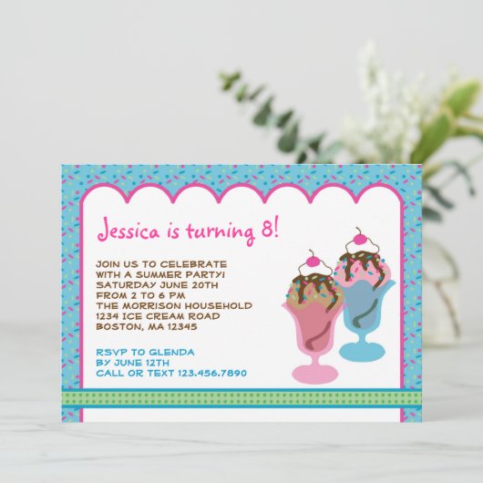 アイスクリームの日曜日の誕生日のパーティの招待状 招待状 (スタンド正面)