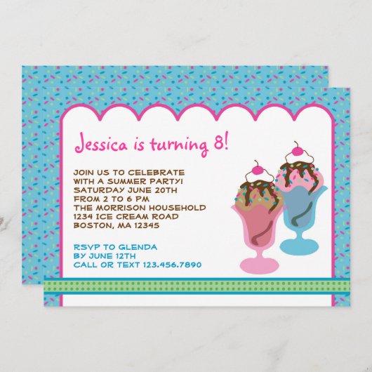 アイスクリームの日曜日の誕生日のパーティの招待状 招待状 (正面/裏面)