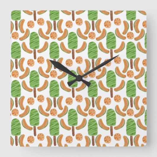 アイスクリームの柄 |ロールパターン |棒つきキャンデー17 スクエア壁時計 (正面)