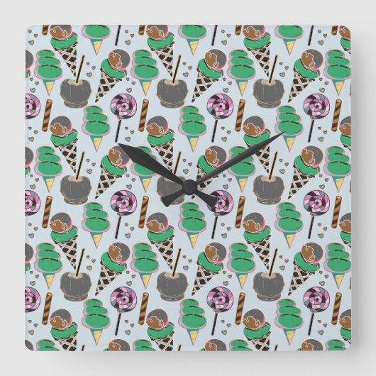 アイスクリームの柄 |ロールパターン |棒つきキャンデー30 スクエア壁時計 (正面)