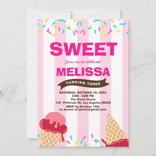 アイスクリームの甘いベビーはキャンデーの店の誕生日を振りかけます 招待状 (正面)