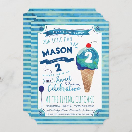 アイスクリームの社会的なバースデーパーティ招待状-男の子 招待状 (正面/裏面)