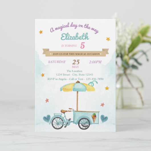 アイスクリームの自転車,コーン, 誕生日 招待状 (スタンド正面)