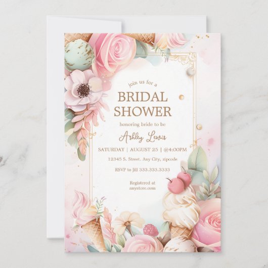 アイスクリームの花飾りアイスクリームコーン 招待状 (正面)