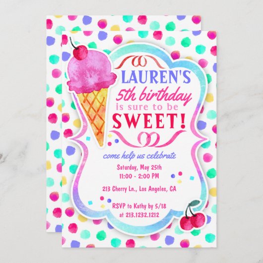アイスクリームの菓子は誕生日のパーティの招待状を扱います 招待状 (正面/裏面)