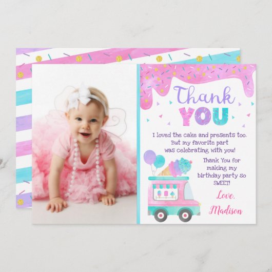 アイスクリームの誕生日お礼のカード 招待状 (正面/裏面)