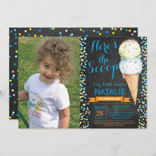 アイスクリームの誕生日の招待状の夏の黒板 招待状 (正面/裏面)