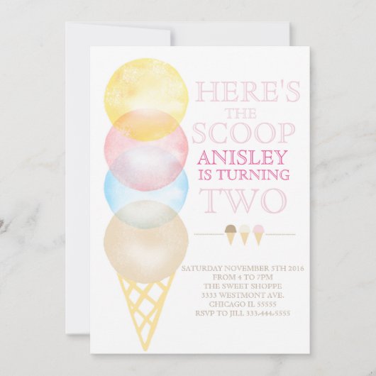 アイスクリームの誕生日の招待、水色の円錐形 招待状 (正面)