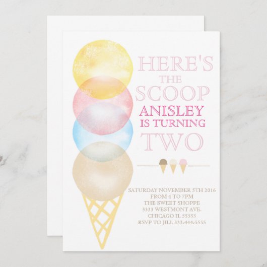 アイスクリームの誕生日の招待、水色の円錐形 招待状 (正面/裏面)