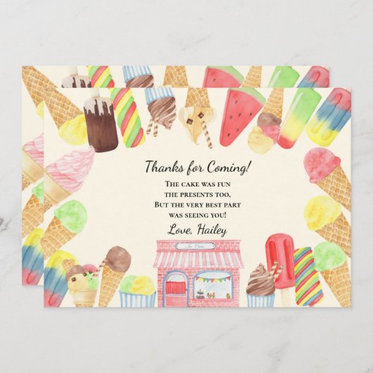 アイスクリームの誕生日パーティーお礼カード サンキューカード (正面/裏面)