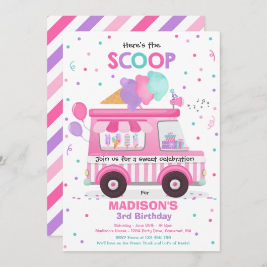 アイスクリームの誕生日パーティー アイスクリームトラックの誕生日 招待状 (正面/裏面)