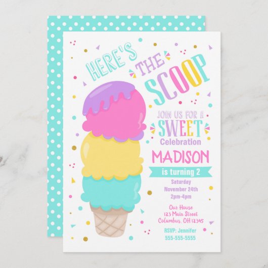 アイスクリームの誕生日招待状　スイートなセレブレーション 招待状 (正面/裏面)