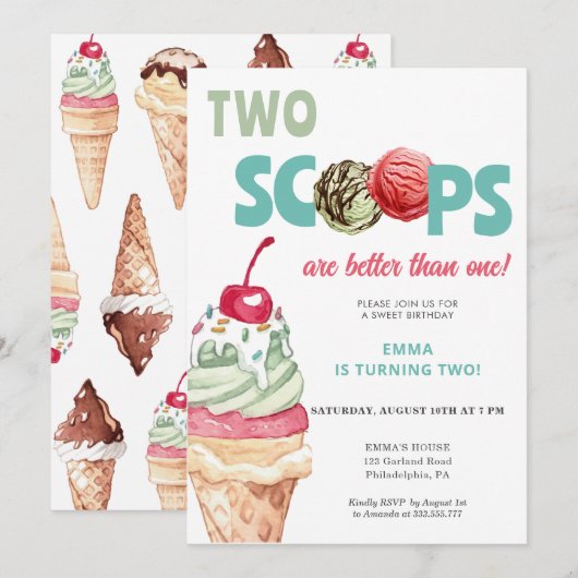 アイスクリームの誕生日招待状　２つのスコップ 招待状 (正面/裏面)