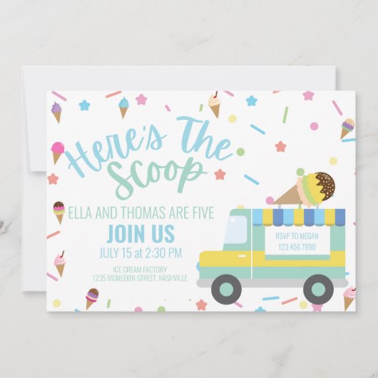 アイスクリームの誕生日 兄弟の誕生日 双子の誕生日 招待状 (正面)