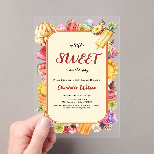 アイスクリームの赤ちゃんシャワーの途中に少し甘い アクリル招待状 (インサイチュ (ポータブル))