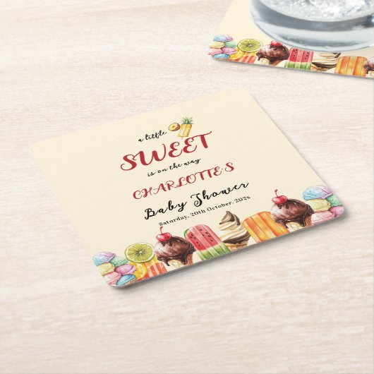 アイスクリームの赤ちゃんシャワーの途中に少し甘い スクエアペーパーコースター (アングル)