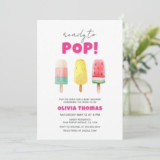 アイスクリームの赤ちゃんポップ・アートののシャワーに準備したピンクの夏 招待状 (スタンド正面)