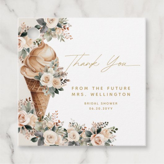 アイスクリームをすくっておしゃれに飾った フローラル ボヘミアンブライダルシャワー フェイバータグ (正面)